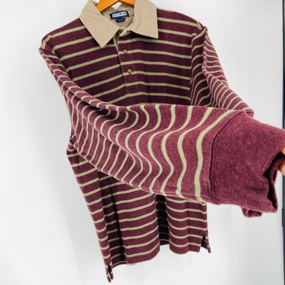 😎Vtg 90s Khaki Green Burgundy Striped Rugby Shirt Thick Cotton Grunge Lands End - Picture 5 of 15